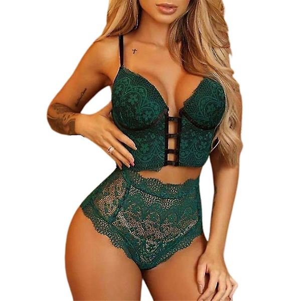Kvinnor Sexig Spets BH Hög midja Set Nattkläder Underkläder Green L