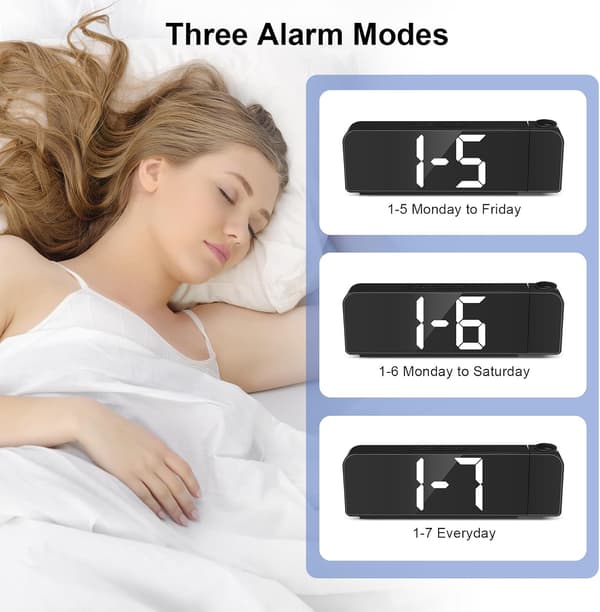 Projection Alarm Clock, Black Alarm Clock with LED Display, Bedside Projector Clock, 12/24H Display, Digital Clock for Bedroom