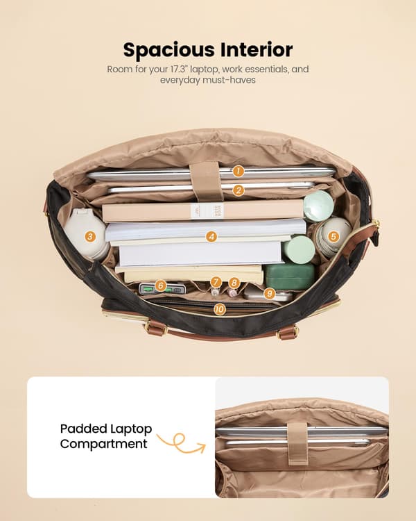 LOVEVOOK Lærertaske til kvinder, arbejdscomputertaske, computermappe Sort-beige-brun Black-beige-brown 15.6 in