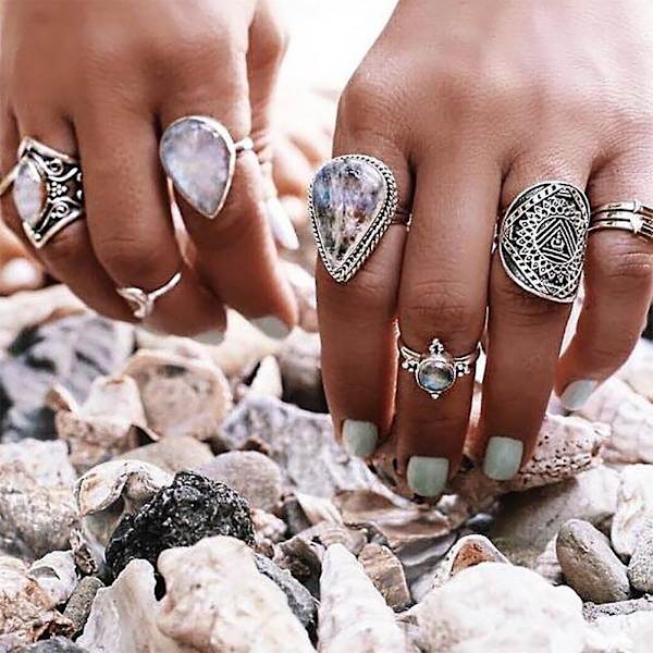 7 stk/sæt Kvinder Retro Kunstig Opal Vanddråbe Moon Finger Knuckle Ring smykker