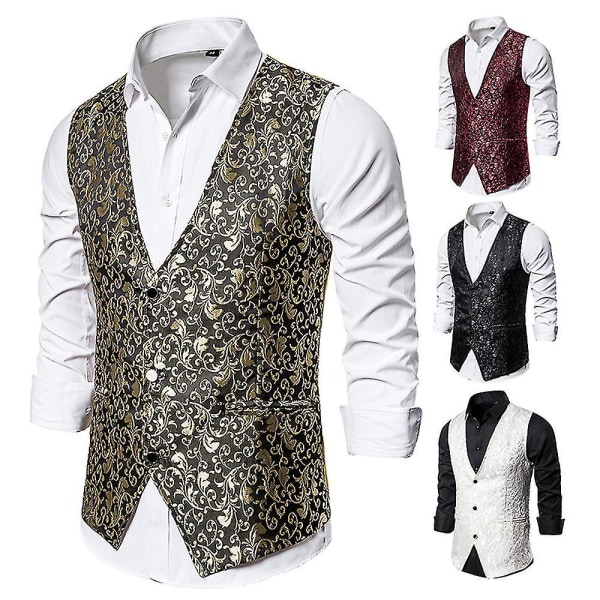 Enkeltspent vest for menn Slim Fit formell dressprint vest M Gold