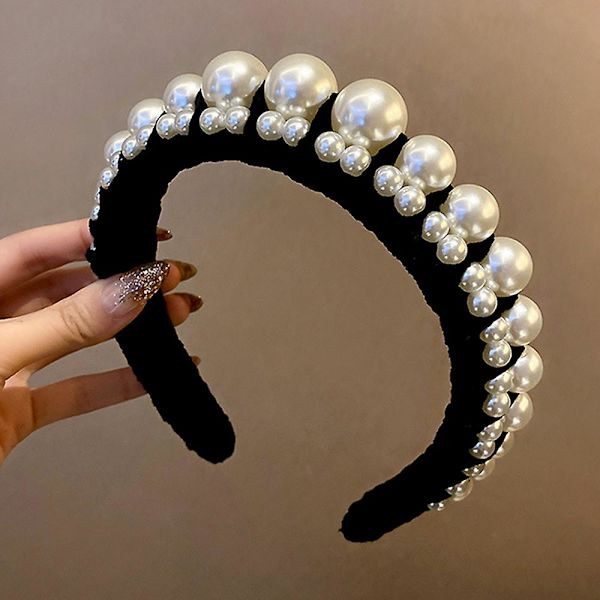 Ylelliset kangashiustarvikkeet Pearl Decoration -hiuspanta naisille Black