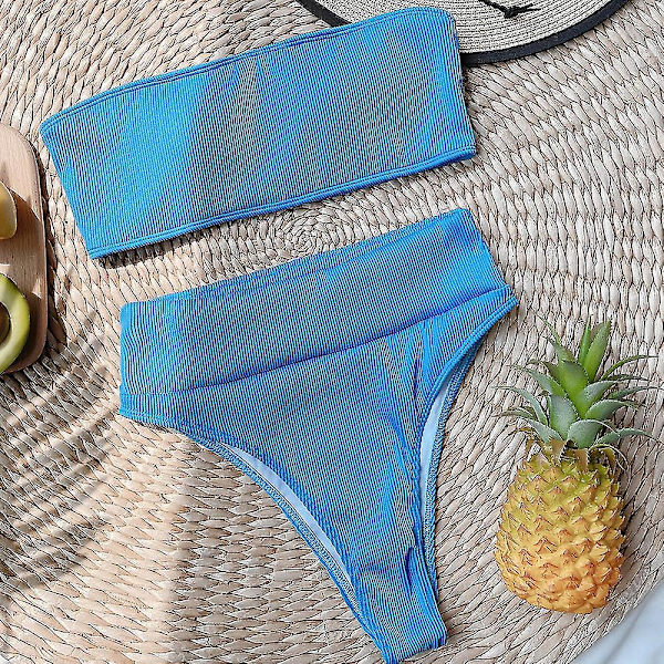 Kvinder Bandeau Højtaljet Svømmedragt Bikini Sæt Badedragt Blue L