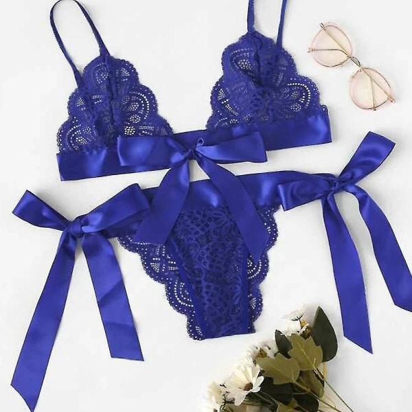 Naisten pitsiset set Sexy Nightwear Alusvaatteet Blue S