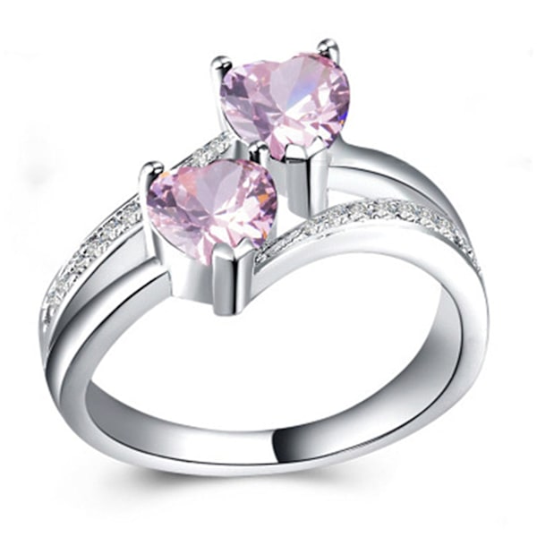 Kvinner Ring Dobbel Hjerte Glitrende Cubic Zirconia Mote Utseende Finger Band For Party Pink US 10