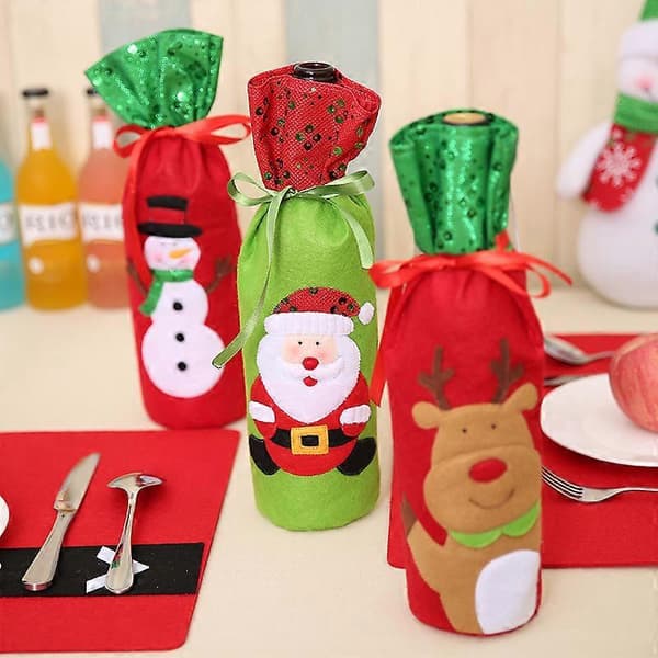 XIANRENGE 3-pack julvinflaskpåsar för presenter Presentpåsar för flaskor Vinflaskskyddspåsar Dragsko Julklappspåsar Presentinslagning
