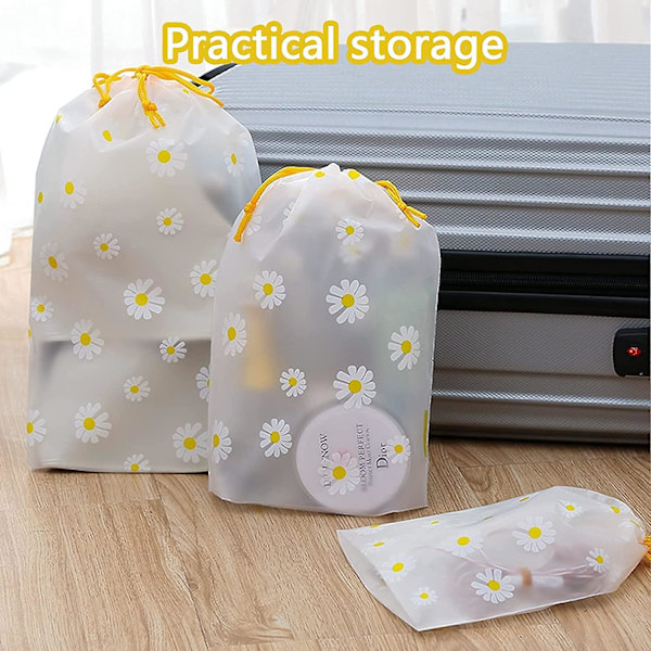 Little Daisy 6-pack förvaringsväskor med dragsko, bekväma multifunktionella genomskinliga frostad plast Vattentäta förvaringspåsar för underkläder, handdukar, strumpor, T