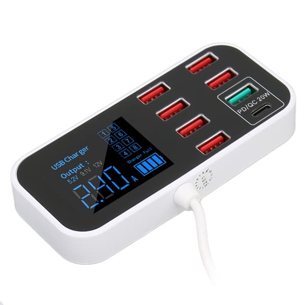 A9S Plus 8 Port 40W Hurtig Biloplader QC 3.0 USB C Multipel Ladestation LCD-display