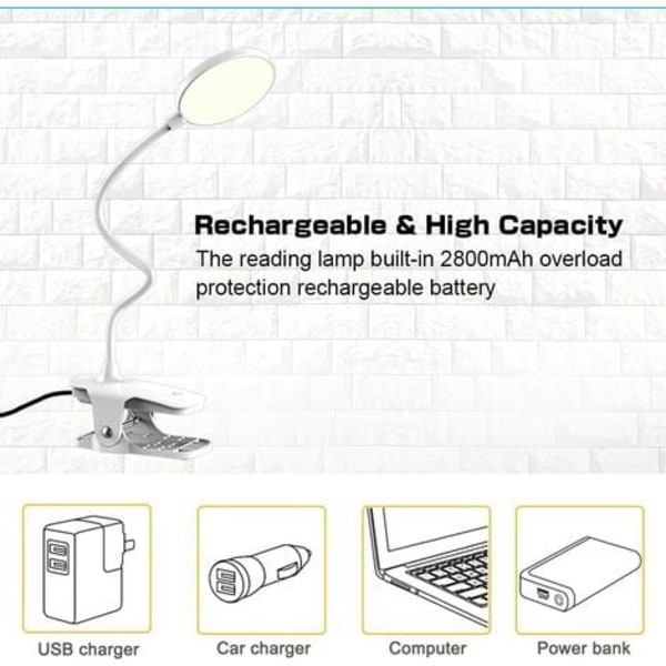 LED skrivebordslampe, leselyslampe, 3 farger og 3 dimbare, 20 LED-klemme-leselampe 360° fleksibel, 2500 mAh klemlampe