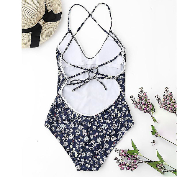 Blommig baddräkt för kvinnor Baklös One Piece Monokini baddräkt S