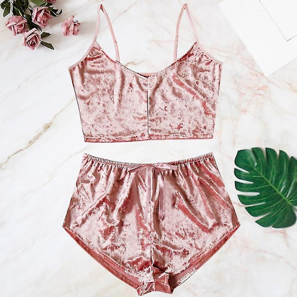 kvinnor Underkläder Sexiga underkläder Pyjamas Set Velvet Cami Crop Pink M