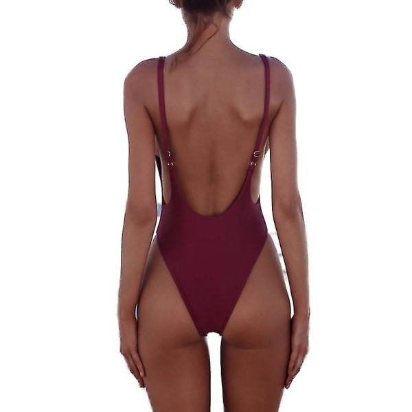 kvinder Push Up Solid Rygløs Monokini One Piece Badetøj Badedragt Wine Red S