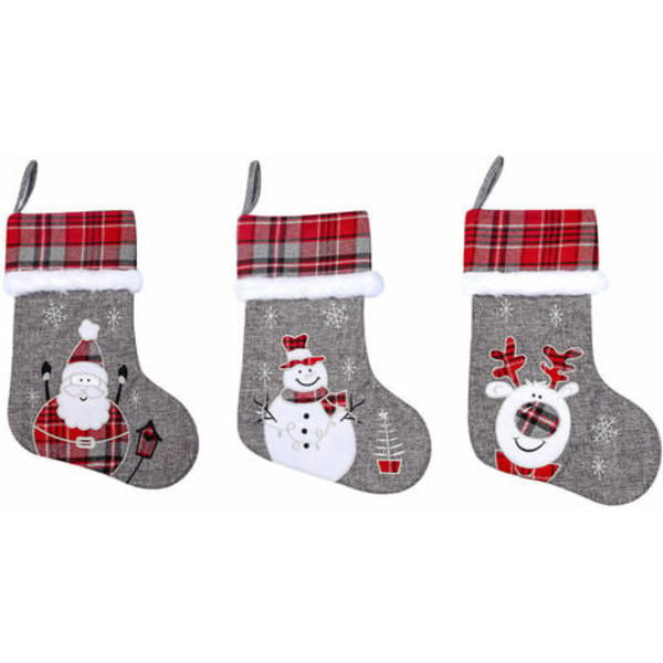 Par grå konstsäcksäck julstrumpor, 20 tums röd buffelpläd broderad söt snögubbe Santa Ren Large Chri