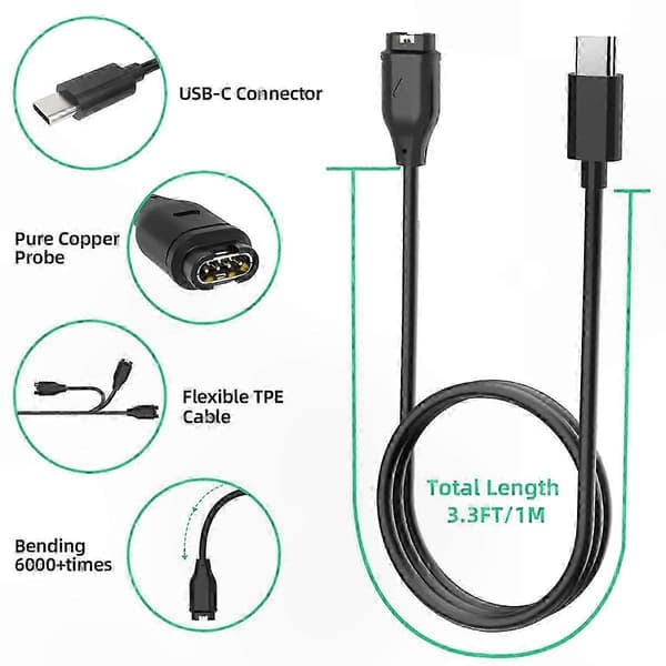 2-pak USB-C opladerkabel til Garmin Fenix, data-synkroniseringskompatibel ur-oplader