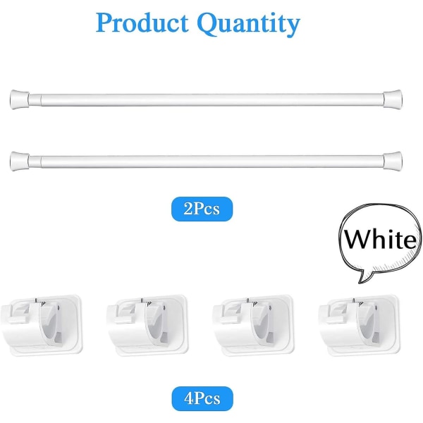 2 stykker justerbar strekkstang Fjær forlengbar gardinstang med 4 stykker selvklebende krok for skap Garderobehylle Lite vindu, hvit, lengde 1