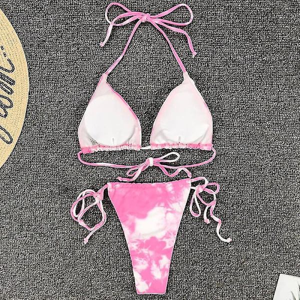 kvinnor Bandage Tie Dye Grimma Bikini Set Vadderade badkläder brasiliansk baddräkt Pink S