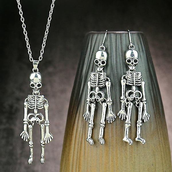 Halloween øreringe smykker menneskelige skelet vedhæng halskæde + kranium øreringe Antique Silver