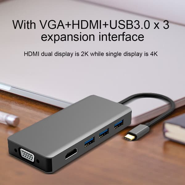 Type C Multi Function Hub VGA HDMI USB 3.0 x 3 4K HD Video Udvidelsesgrænseflade