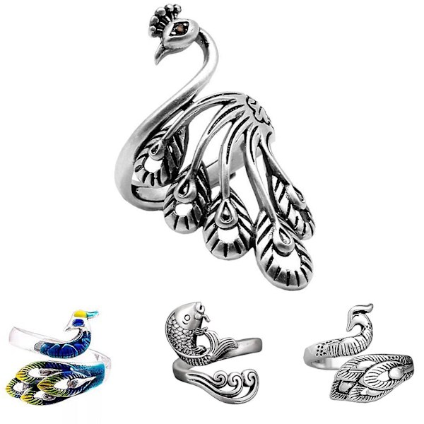 Retro Justerbar Öppen Silver Peacock Finger Flätad Stickring 3