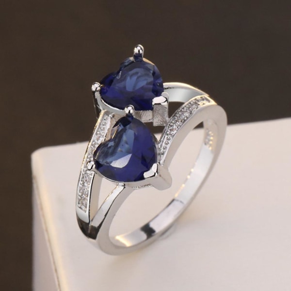 Dammode dubbel hjärtform Cubic Zirconia Inlagd Finger Ring Smycken Present Sea Blue US 6