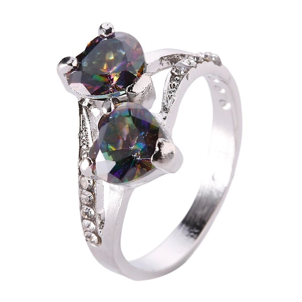 Mode Kvinnor Lyx Cubic Zirconia Rhinestone Inlagd Double Love Heart Ring Multicolor US 9