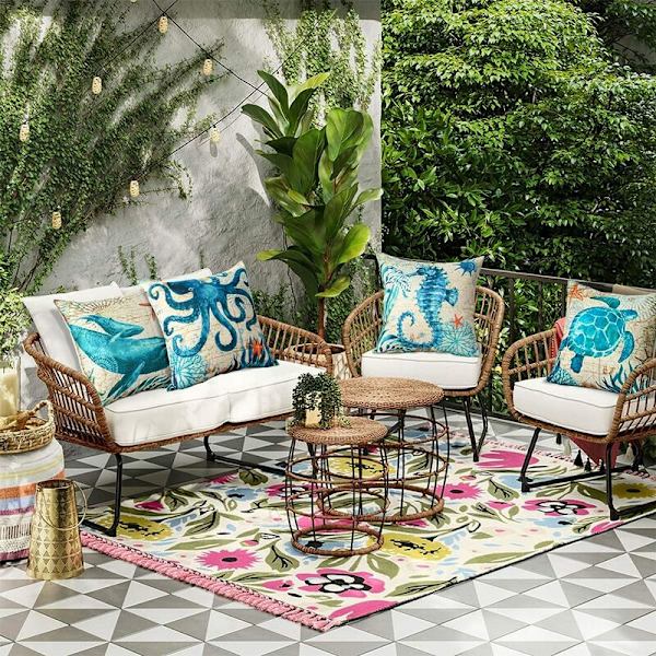 Utendørs putetrekk, sett med 4 Vanntett Blue Sea Life Pattern Sofa Putetrekk for uteplass hage stue seng