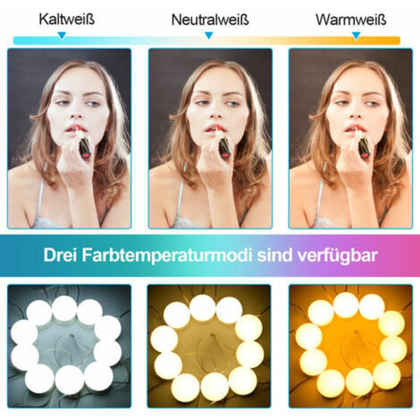 DIY LED Spejllampe 10 LED Dæmpbar Makeup USB Lampe 360° Belysning - Hvid