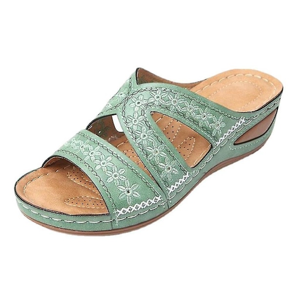 Kvinner Floral Fish Toe Wedge Sandaler Fritidssko Green 37