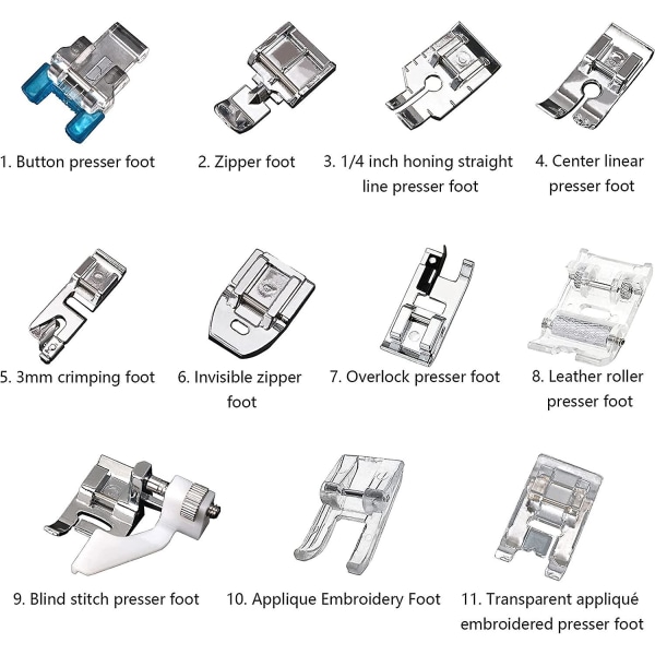 11 stk Symaskin-trykkføttersett med rullefot Glidelåsfot kompatibel med Brother, Janome, Singer, Toyota