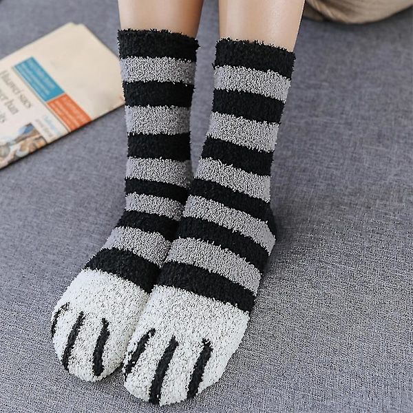 Kvinnor Varm Rolig Fluffig Cat Paw Mjuk Säng Tofflor Strumpor Black Striped