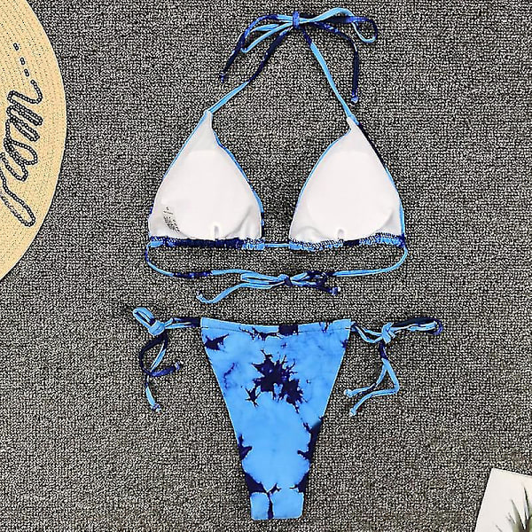 kvinnor Bandage Tie Dye Grimma Bikini Set Vadderade badkläder brasiliansk baddräkt Blue L