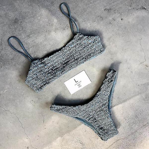 Kvinder Sommer Crinkle Bikini Sæt Plain Badetøj Badedragt Blue M