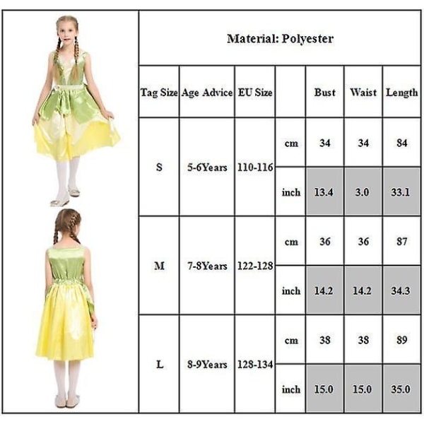 Prinsessan och grodan Tiana Cosplay Kostym Prinsessklänning 8-9 Years