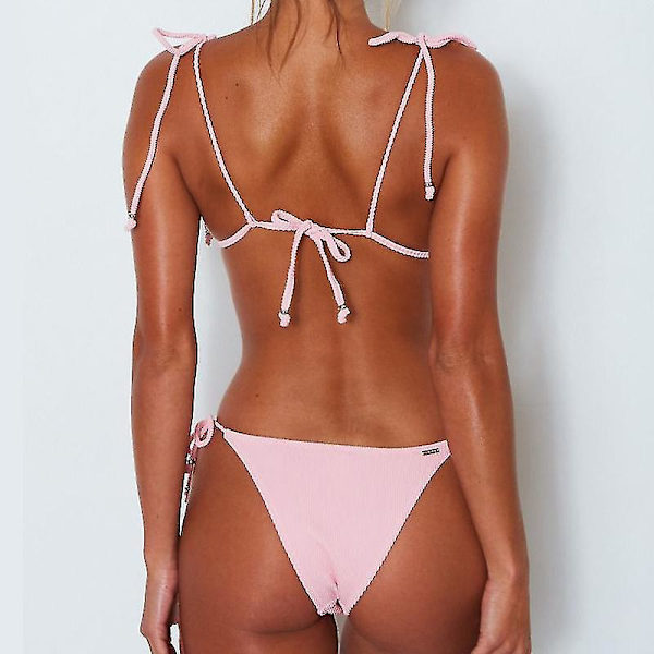 Dam Push-up vadderad bikini Set Strappy Baddräkt Strandkläder Pink L