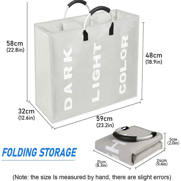 Taitettavat pyykkikorit (80 l, 60 x 32 x 49), 3 lokeroa rengaskahvalla, iso pyykkikori värikkäille, valkoisille ja tummille vaatteille