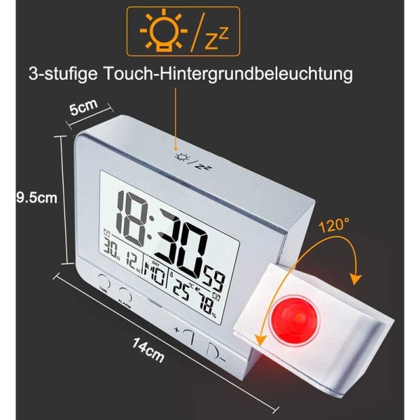 Neutralt sølv projektionsur sort vækkeur med tidstemperatur projektion LED skærm vækkeur, til indendørs og