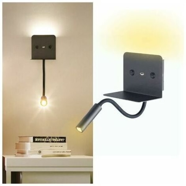 3W "Slange" led væglampe + læselys med usb port | Sort - Sort