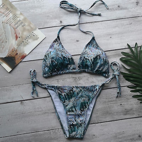 Kvinnor Sexig Bikinithong Set Vadderade Push Up Badkläder Snakeskin Blue M
