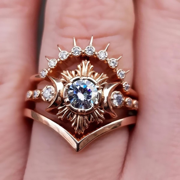 3st Kvinnor Ringar Månen Sol Stapelbara Smycken Bohemiska Långvariga Fingerringar För Dejting Silver US 7