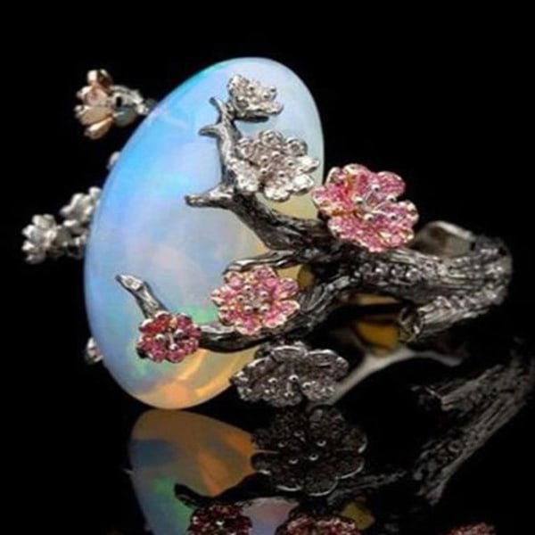 Vintage Kvinder Faux Opal Plum Blossom Flower To Tone Finger Ring smykker gave US 11