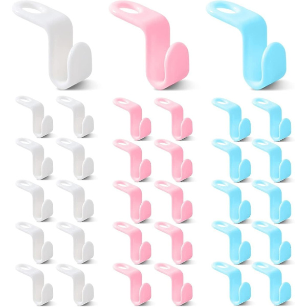 30 Pack Plastic Bøjlekroge Pladsbesparende Garderobeskab Havekroge Blå Pink Hvid