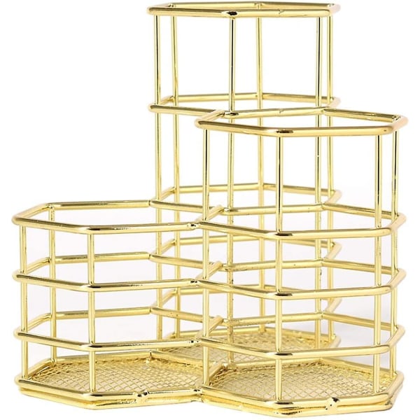 Blyantholder, Guld Pen Holder Til Skrivebord Organizer, Metal 3 Rum Makeup Børste Holder Cup