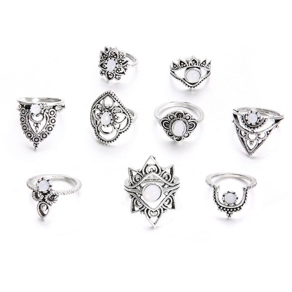9st/ set Retro Kvinnor Hålblomma Faux Ädelsten Knuckle Midi Stapling Ringar Set