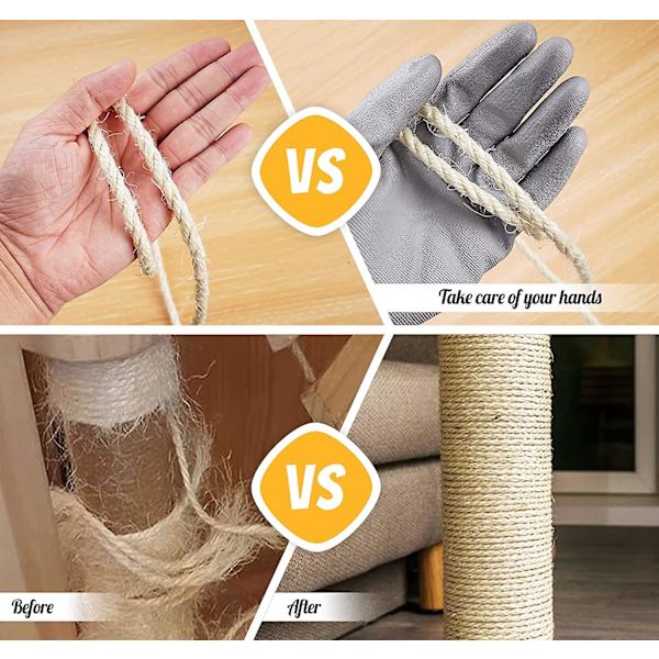 Luonnollinen Sisal-köysi 8mmx60m, luonnonvalkoinen, vanhan köyden korvaaminen kissoille, yhdellä parilla suojakäsineitä kissojen naarmuunpuihin, kissapuihin ja kukkaruukkuihin