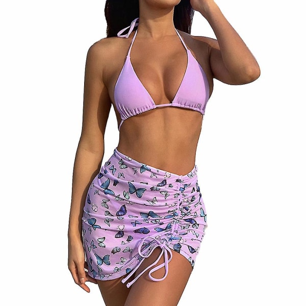 Naisten 3kpl set Push Up Halter uimapuku Purple M