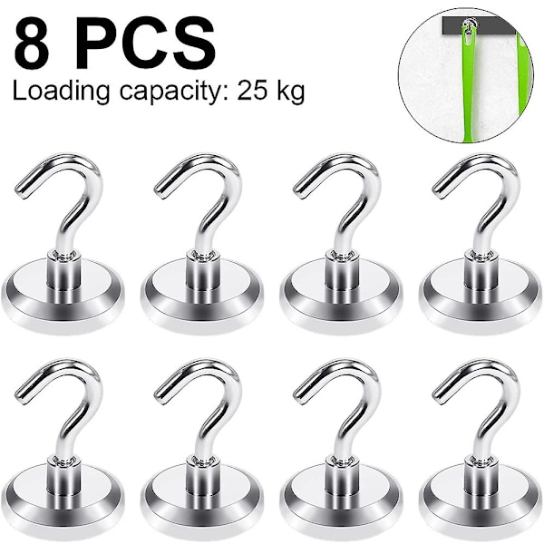 Piao 8kpl magneettikoukut Heavy Duty, vahva magneetti koukulla jääkaappiin, superneodyymi ripustukseen, magneettiripustin työkalulaatikolle, risteily, grilli, takki Silver Maximum pulling force 25KG
