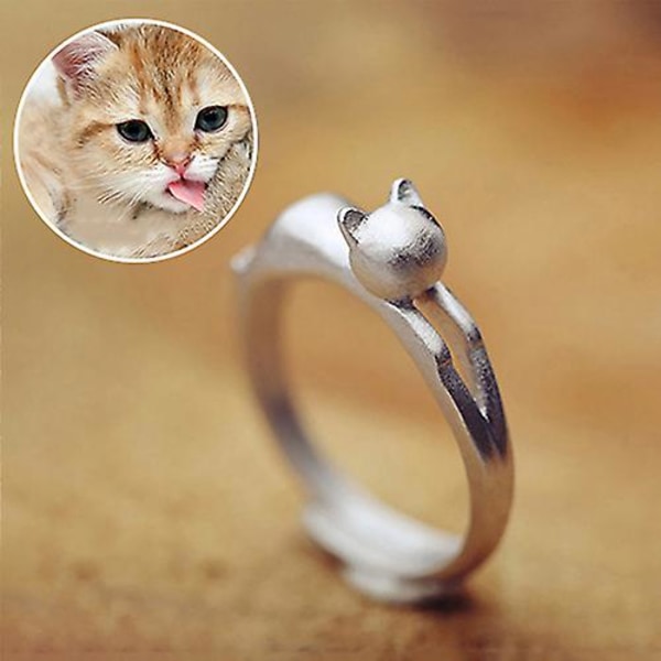 Dammode Söt katt Silverpläterad Justerbar Open Finger Ring Julpresent
