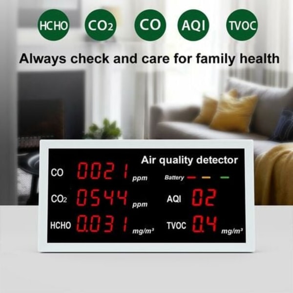 i 1 Multifunksjonell detektor LED-skjerm CO CO2 HCHO TVOC AQI Overvåking Hjemmekontor Høy nøyaktighet Rask deteksjon Air Q