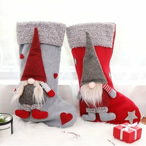 2-pack julstrumpor med 3D Mr and Mrs Swedish Gnome Tomte Nisse Parhållare med plyschmanschett Presentpåsar för barn