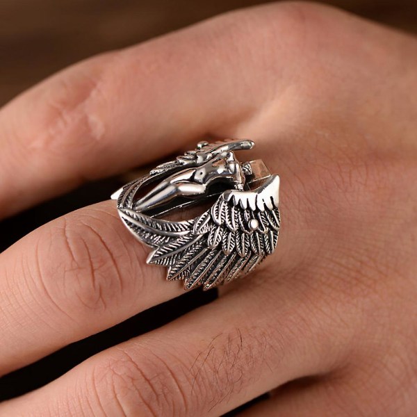 Gotiska män Cross Guardian Angel Wings snidade Biker Finger Ring Smycken Present US 11